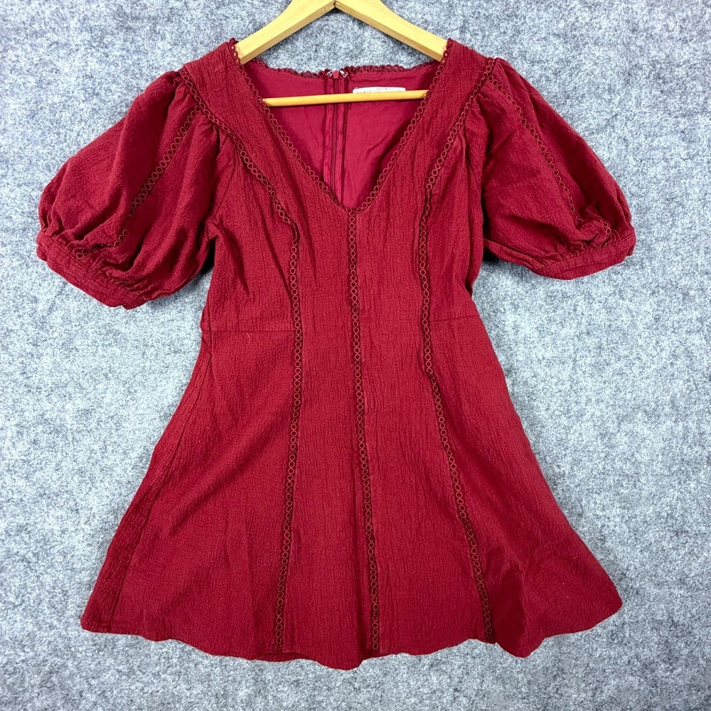 Saints + Secrets Mini Dress Womens Red Large Eyelet Detail Puff Sleeve V-Neck